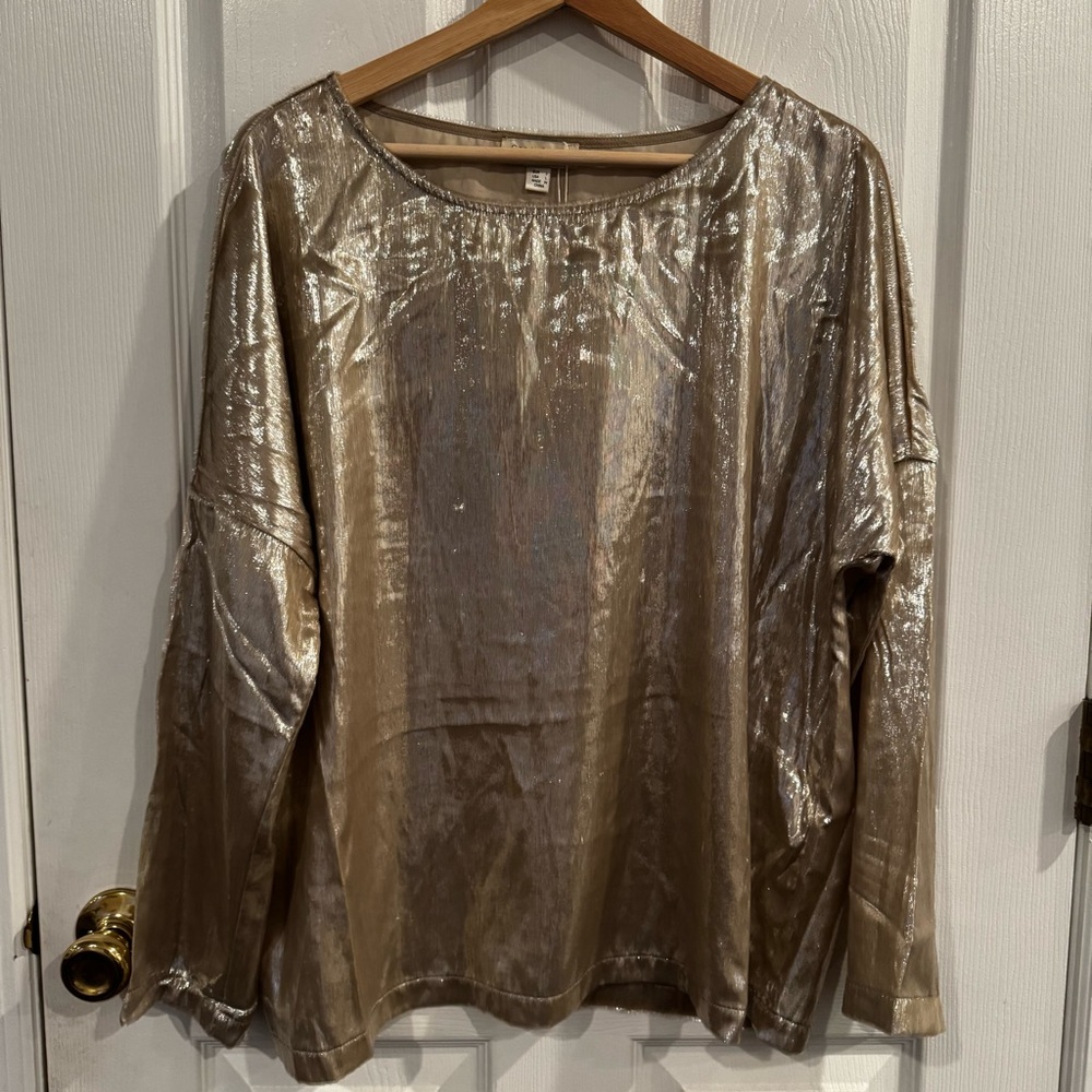 Anthro See U Soon Gold Metallic Long Sleeve Blouse Shimmer Evening Top NWT Large